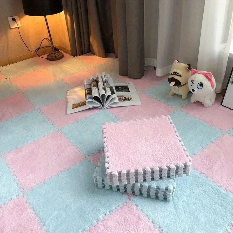 30 Plush Shaggy Interlocking Foam Carpet Tiles Kid Squares Protective Zpaxo PinkBlue-8Pcs