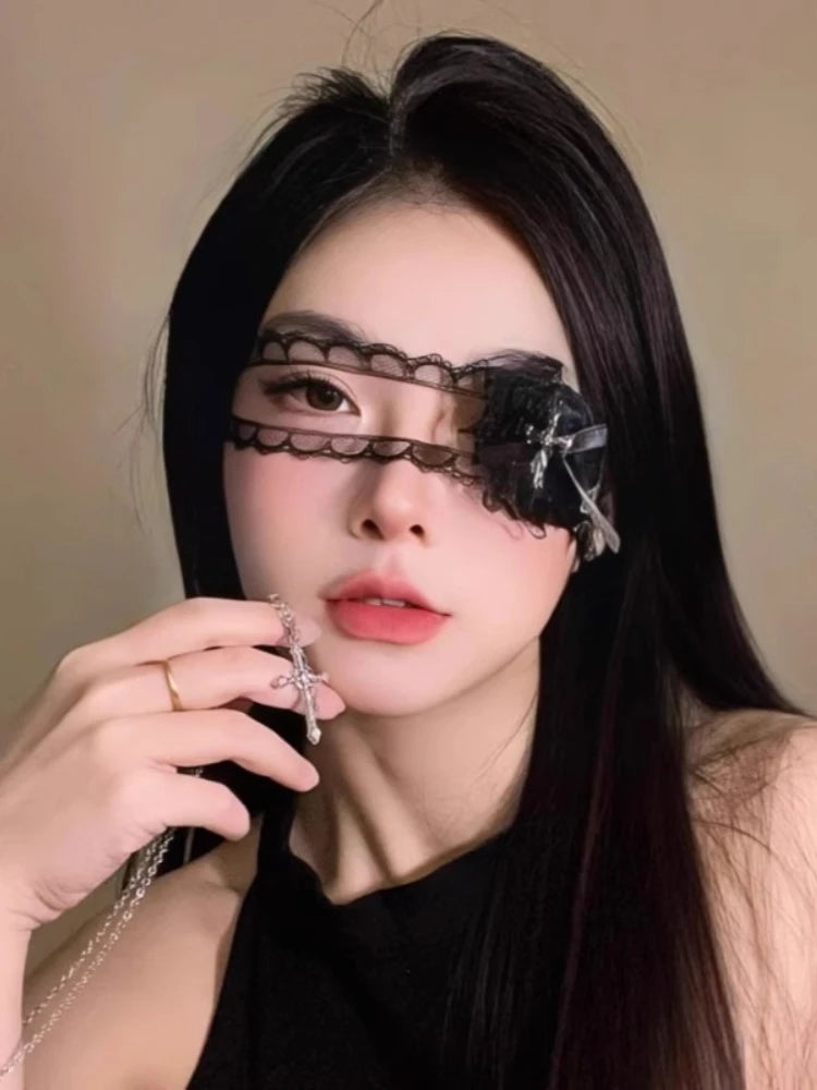 Sweet Edgy Black White Lace Bow Heart Cross Eye Mask Halloween Lolita