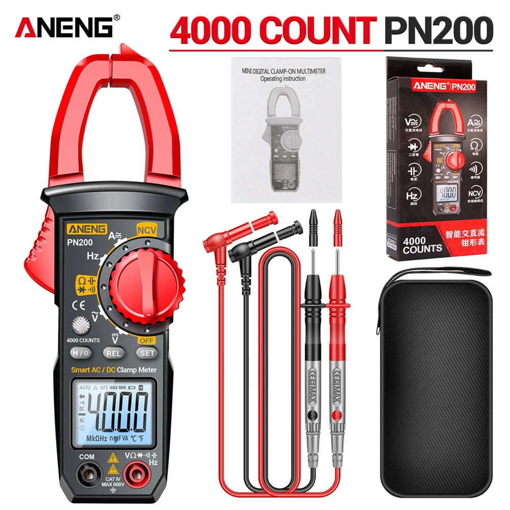 ANENG PN200 Digital Clamp Meters NCV Ohm Test DC AC 600A Current 4000