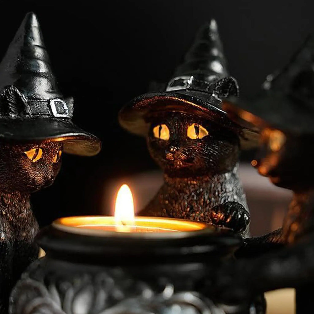 Halloween Black Cat Candlestick Resin Witch Statue Tealight Candle