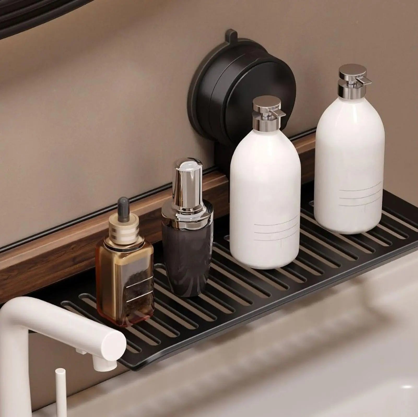 Bathroom Wall Organizer Walnut Suction Cup Bathroom Shelf Faucet Storage Rack Soap Holder Organization Storage for Home Kitchen Zpaxo