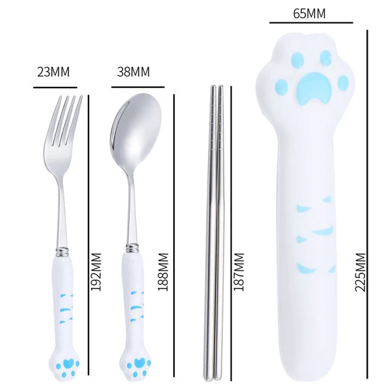 Stainless Steel Cute Cat Paw Fork Spoon Cutlery Set With Storage Box Dinnerware Tableware Silverware Lunch Portable Tableware Zpaxo 230mm blue