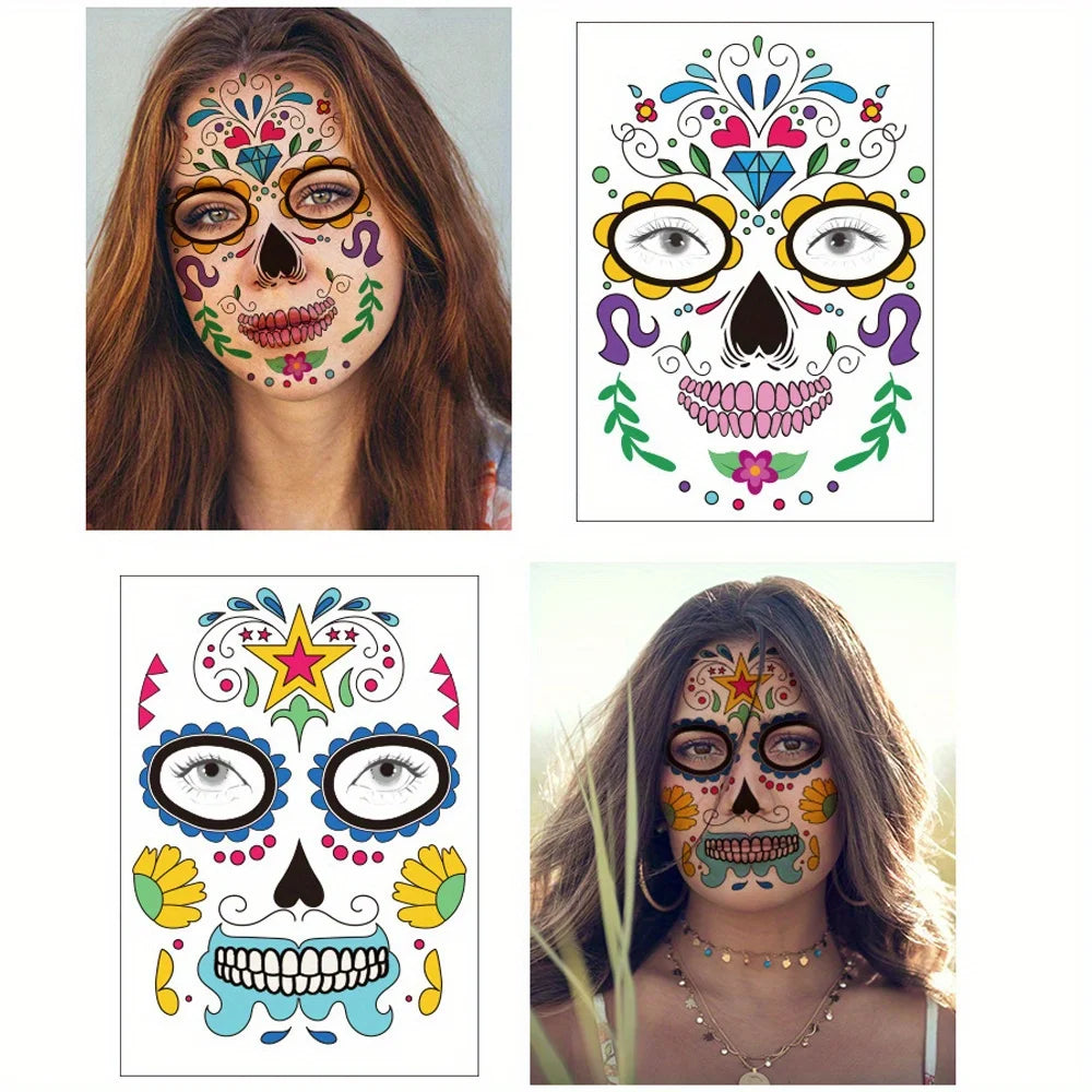 Day Dead Face Tattoos Sugar Skull Red Roses Halloween Stickers Makeup