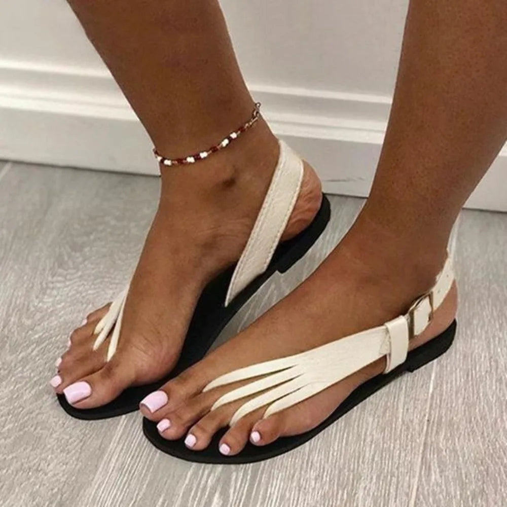 Women's Fashion Sandals Round Toe Clip Buckle Flat Bottom Side Hollow Zpaxo 36 Beige