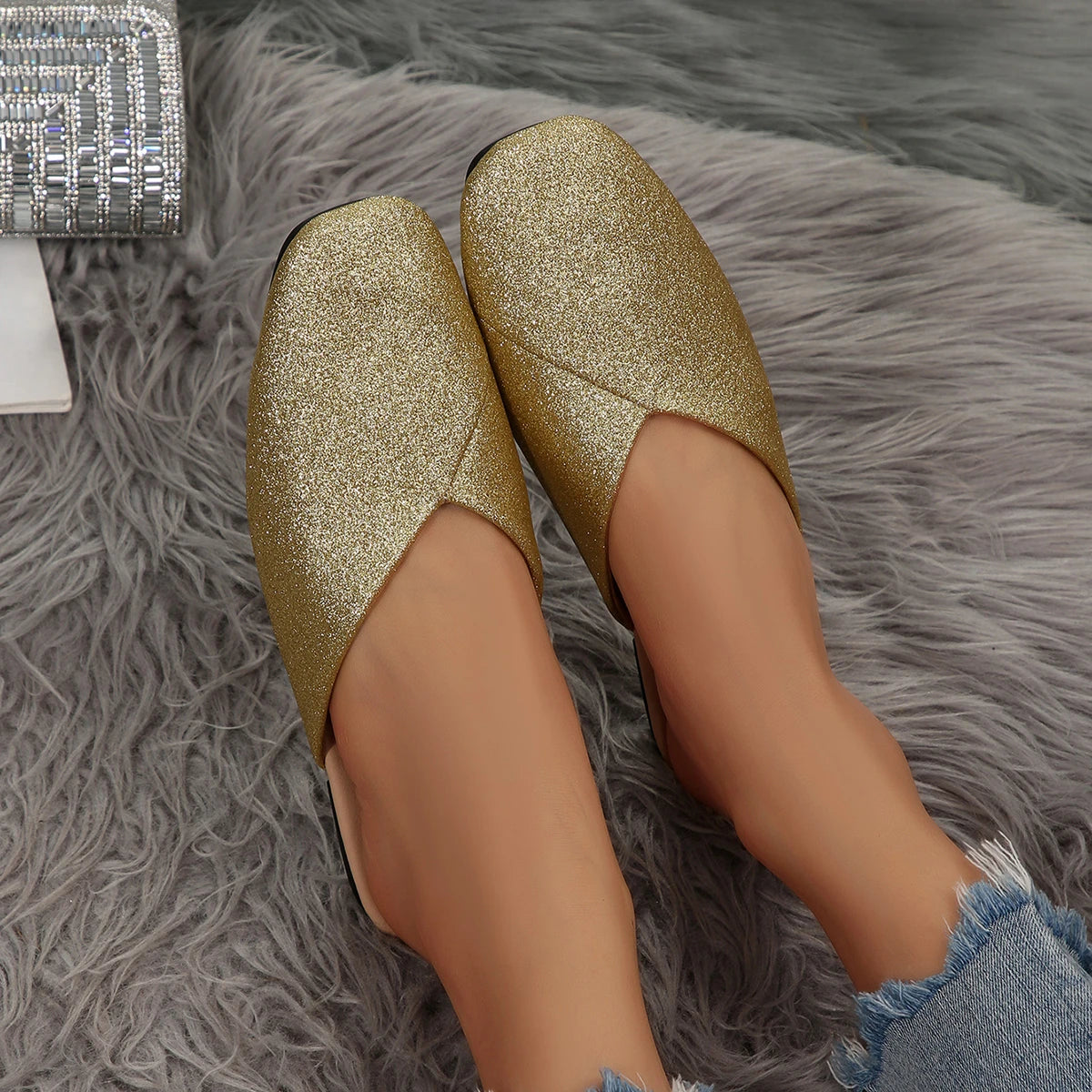 Women Slippers Fashion Slip Mules Shoes Big Flat 2025 Casual Outdoor Zpaxo Gold 35