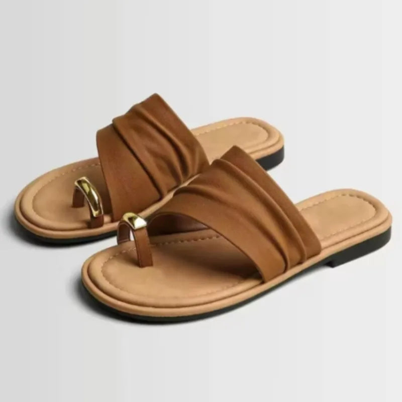 Women's Round Toe Loop Metal Buckle Embellishment Slippers Women Zpaxo Brown 40