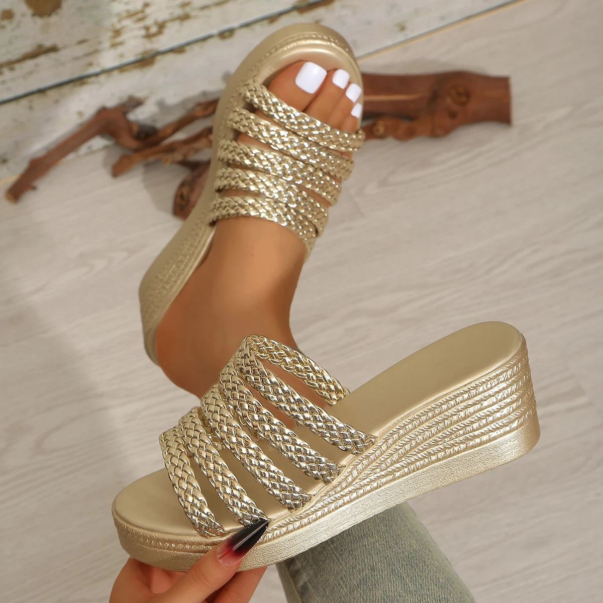 Women Wedges Sandals 2026 New Platform Sandals Women Thick Bottom Weave Strap Slippers Woman Plus Size High Heel Summer Shoes Zpaxo