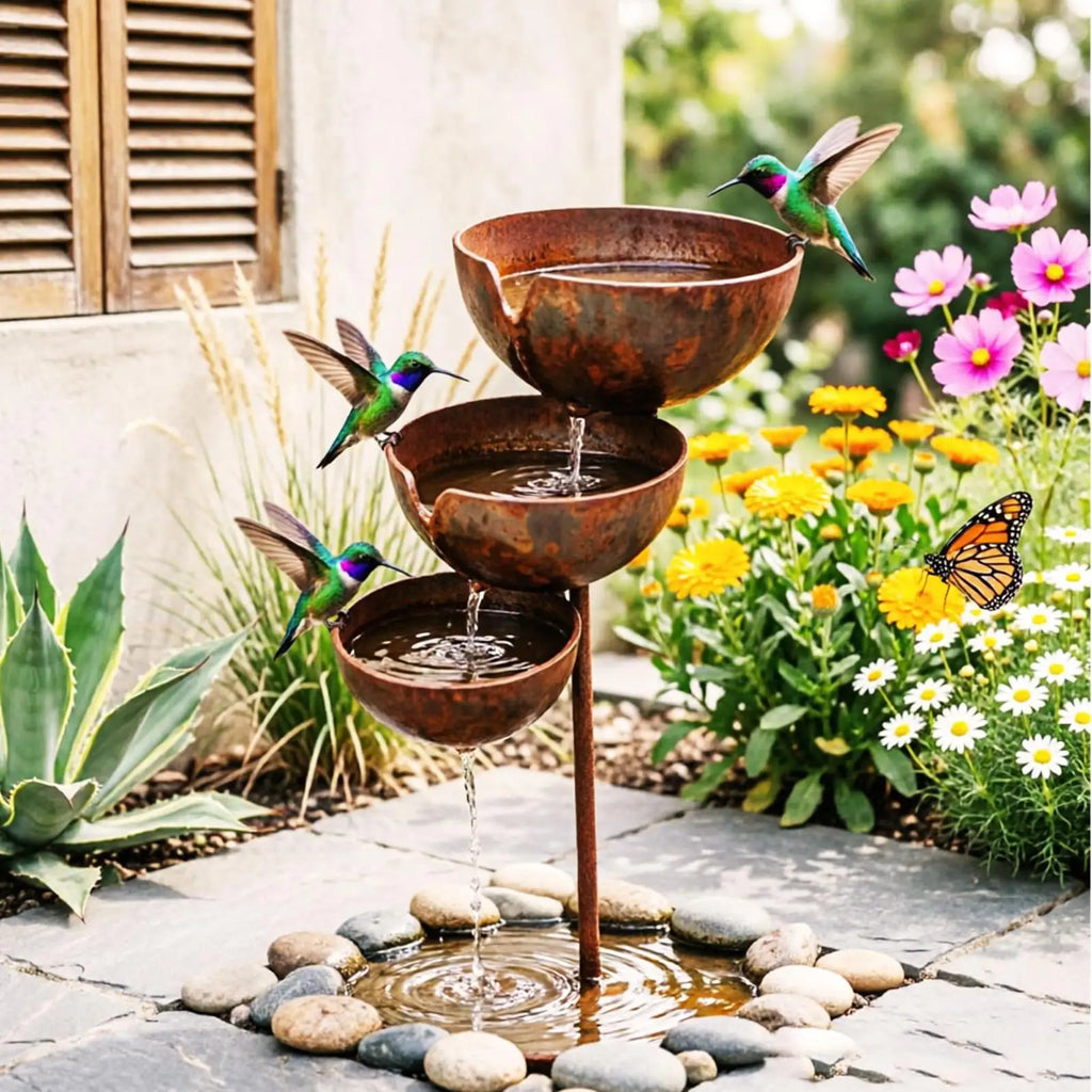 Rain Catcher 3-Tier Cascading Rustproof Outdoor Decor Rain Collector Metal Bird Bath for Yard Lawn Patio Porch Landscape Pathway Zpaxo