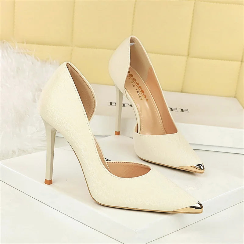 Pointed Toe Shallow Mouth Hollow Heels Women's Thin Iron Metal Zpaxo 8626-2 White 40 China Mainland