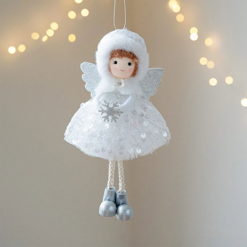 Cute Christmas Girl Pendant Plush White Mesh Girl Hanging Ornament Shiny Golden Wings Tulle Dress Christmas Tree Decorations Zpaxo White