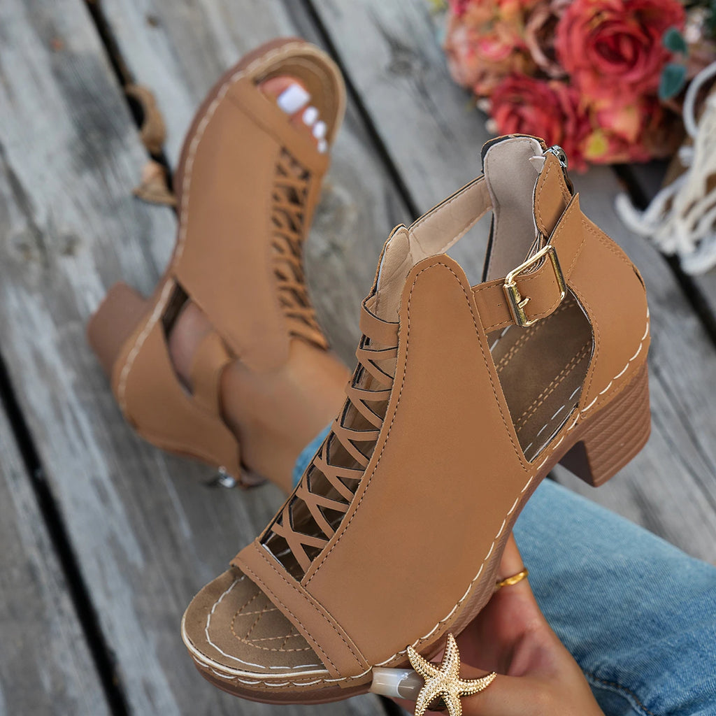 2025 New Women Chunky Heeled Sandals Outdoor High Heels Sandals Retro Peep Toe Cut-out Buckle Strap Shoes Women Zapatos De Mujer Zpaxo