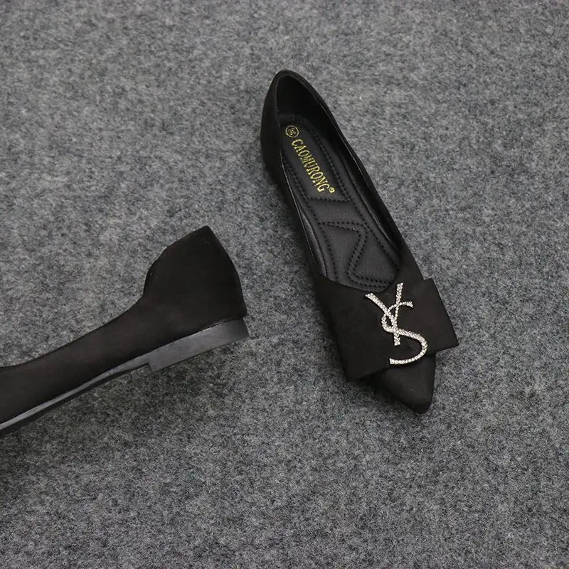 Pointed flat shoes for women spring autumn 2023 new shallow cut rhinestone flat heel versatile suede comfortable ladies' shoes Zpaxo Black(heel1 cm ) 35