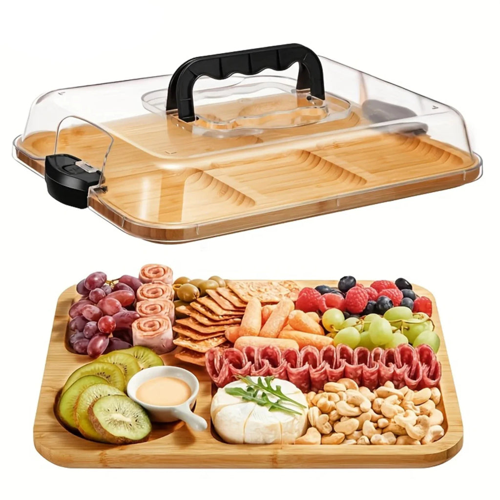 Bamboo Cheese Tray Secure Snap-On Acrylic Lid Portable Recycled Wood Serving Platter Camping Parties Restaurants Charcuterie Zpaxo