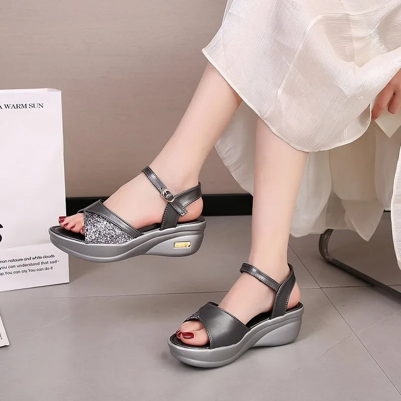 Women's Summer 2026 Bling Wedges Sandals Thick Sole Non Slip Zpaxo