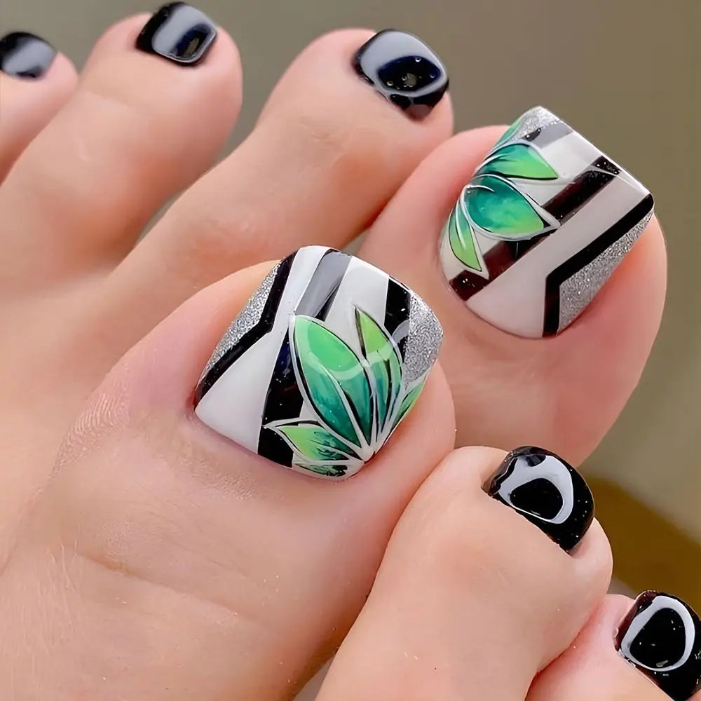 24pcs Sequins Fake Toenails Full Cover Short Square Toe Nails Foot Nails Tips for Women Girls Zpaxo