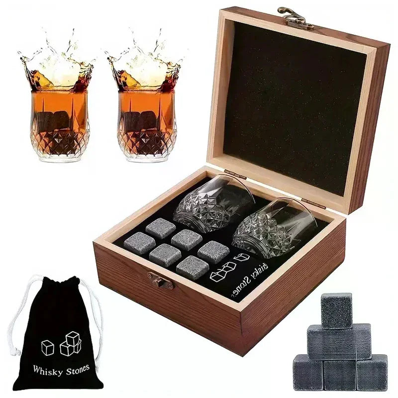 Father'S Day Gift For Men Whiskey Stones Set 8 Pcs Granite Ice Cubes+ 2 Pcs Cups For Whisky In Wooden Bottle Box Present For Dad Zpaxo