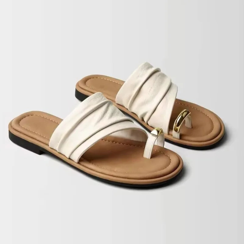 Women's Round Toe Loop Metal Buckle Embellishment Slippers Women Zpaxo