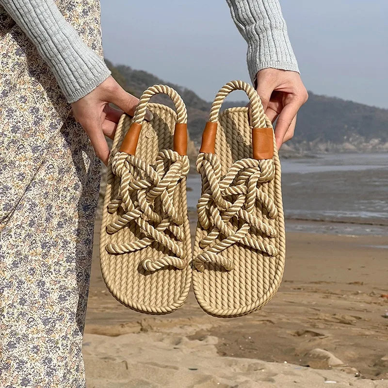 2026 Summer Women's Hemp Rope Woven Sandals Roman Rainbow Bohemian Zpaxo