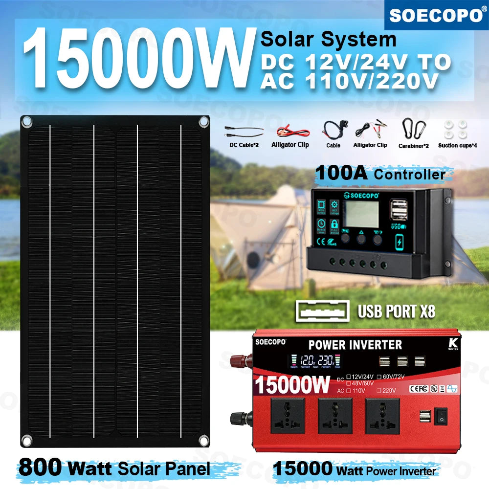 SOECOPO 15000W Portable Solar system Kit 800W Panel Dual - Voltage Input Inverter (3 Sockets 8 USBs) 100A Controller Camping Zpaxo