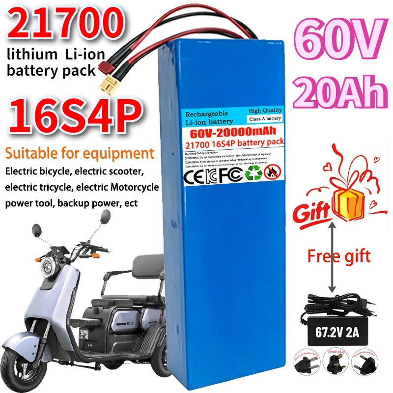 New 21700 16S4P 100% Original 60V 20Ah 21700 Li-ion Battery Pack 16S4P with BMS 0-2000W for High-power 67.2V Motorcycle Tricycle Zpaxo