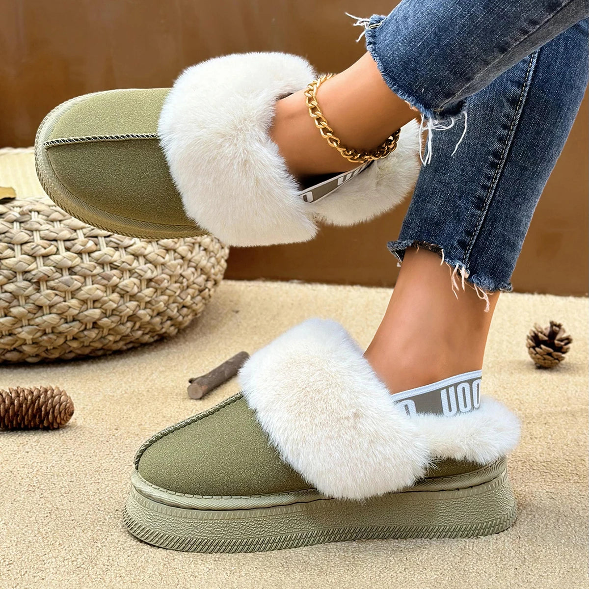 Women Cotton Slippers 2025 New Platform Slides Women Thickened Fluff Lined Flat Shoes Women Winter Thick Bottom Half Slippers Zpaxo