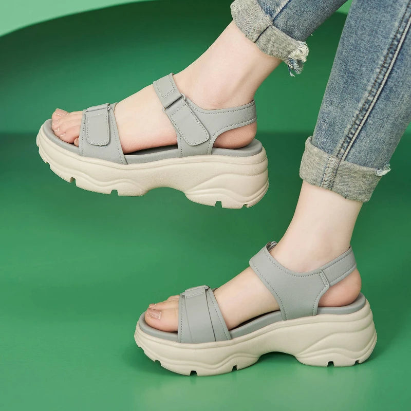 Open Toe Adjustable Hook Loop Straps Thick Sole Wedge Heel Zpaxo