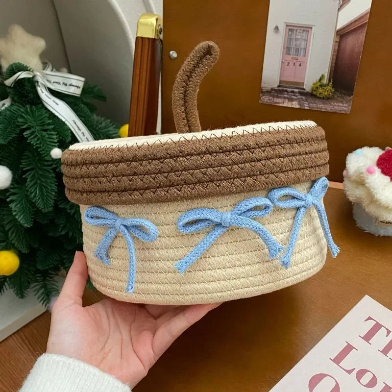 Cotton Rope Woven Storage Basket with Lid – Desktop Organizer Woven Storage Basket Zpaxo