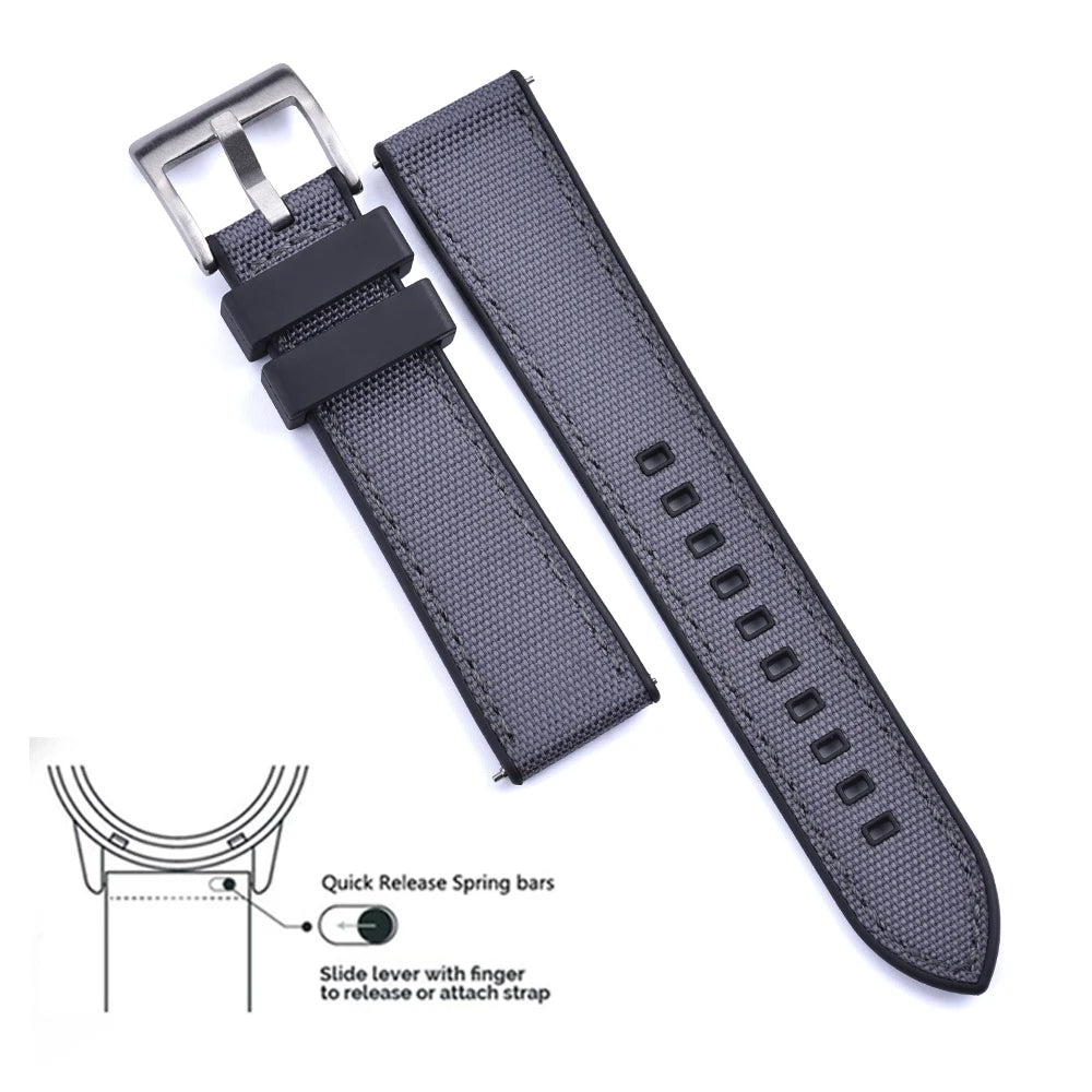 High Quality FKM Canvas Watch Strap 20mm 22mm Hybrid Fluoro Rubber Nylon Watchbands Quick Release For Each Brand Diving Watches Zpaxo Black-Gray 1 20mm