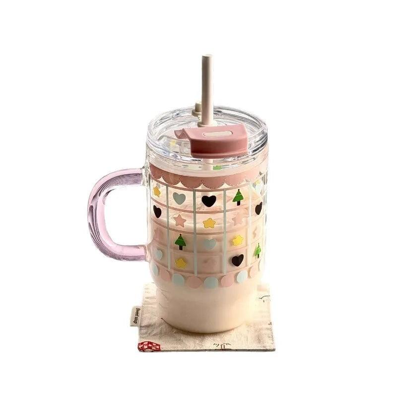 760ml Cute Large Capacity Handle Straw Cup, High Borosilicate Glass Cup, Summer Portable Double Drinking Household Handy Cup Zpaxo