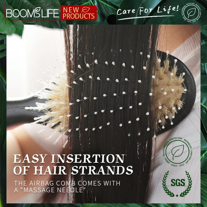 BOOMSLIFE Custom Name Boar Bristle Hair Brush Mix Nylon USA Oak Wood Black Color Handle Hairbrush Women Scalp Massage Hair Comb Zpaxo