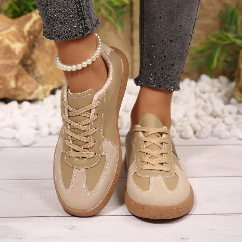 Women Sneakers Fashion Round Toe Casual Lace Up Shoes Patchwork Retro