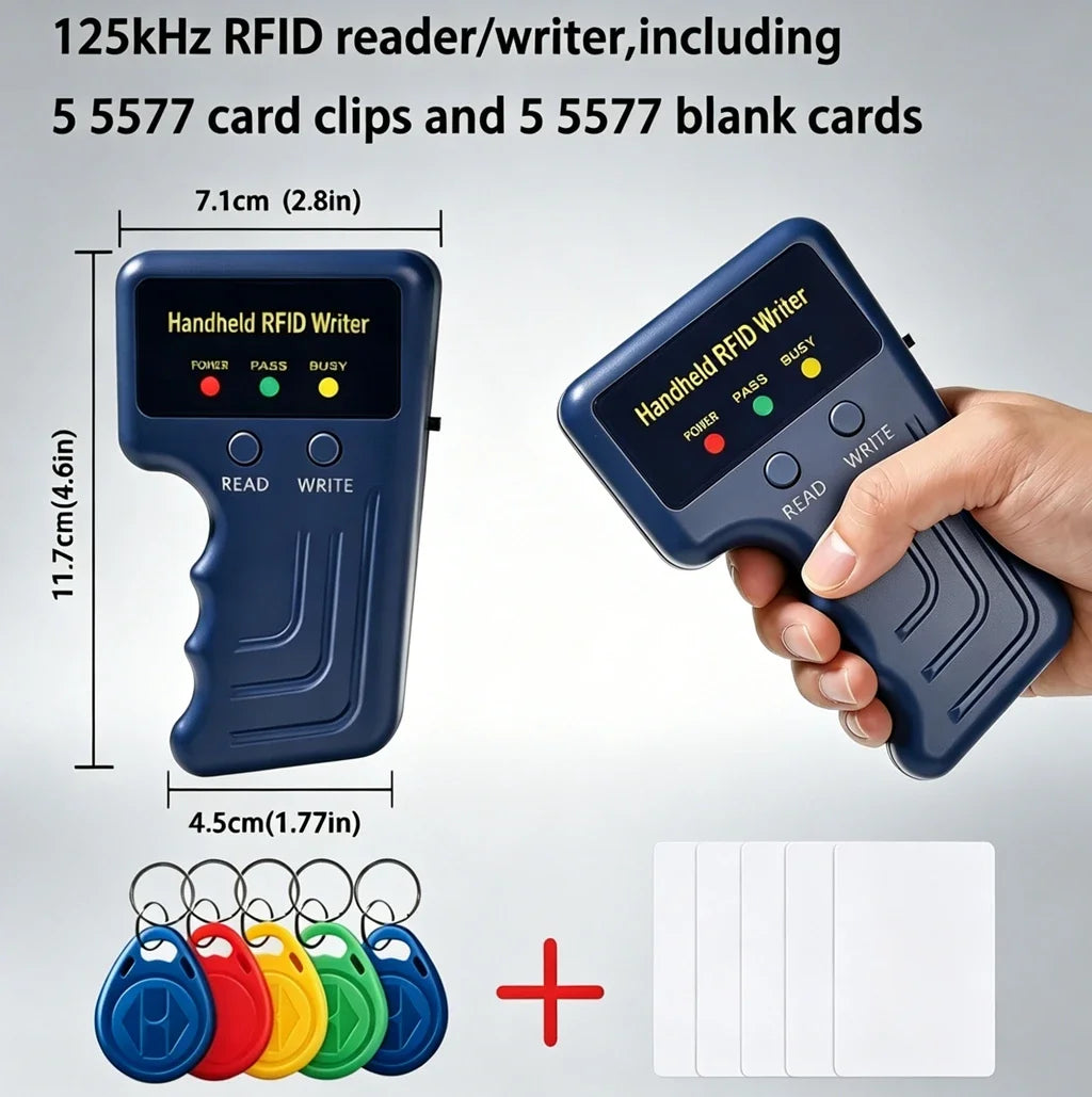 Handheld 125khz RFID Reader Writer,AWID and HID Copier with 5 T5577 Keyfobs & 5 White Cards Zpaxo