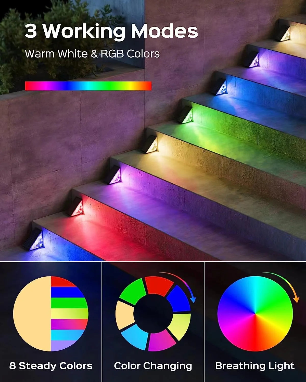 Solar Stair Lights Motion Sensor Waterproof IP67 3 Mode RGB Changing Zpaxo