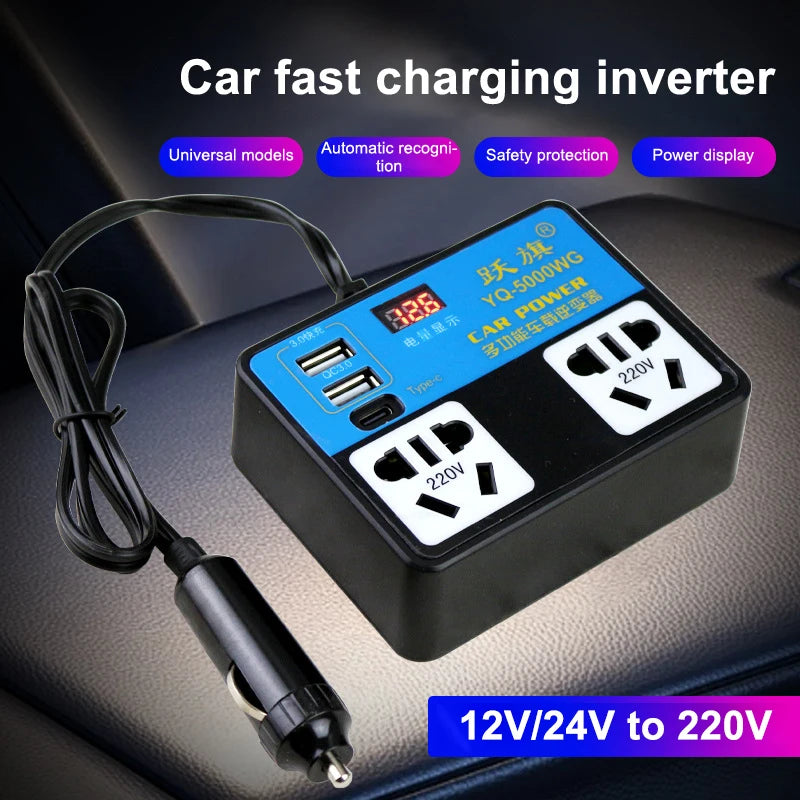 DC 12V/24V Car Inverter – LCD Display & Fast USB Charging