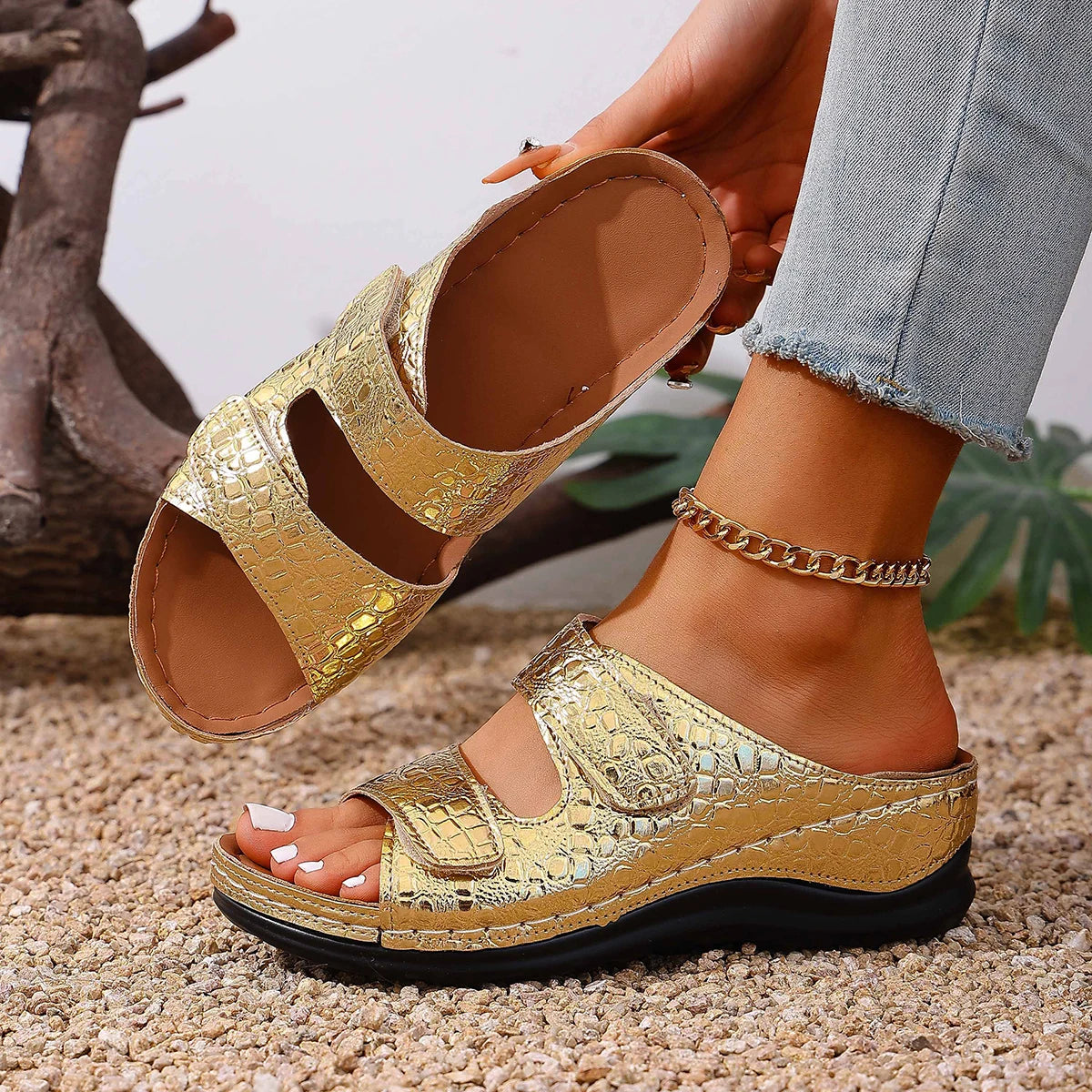 Women Slippers Fashion Summer Thick Soled Slippers Open-Toe Comfortable Shoes Ladies Mid Heels Beach Sandals Wedge Slides Women Zpaxo Gold 37