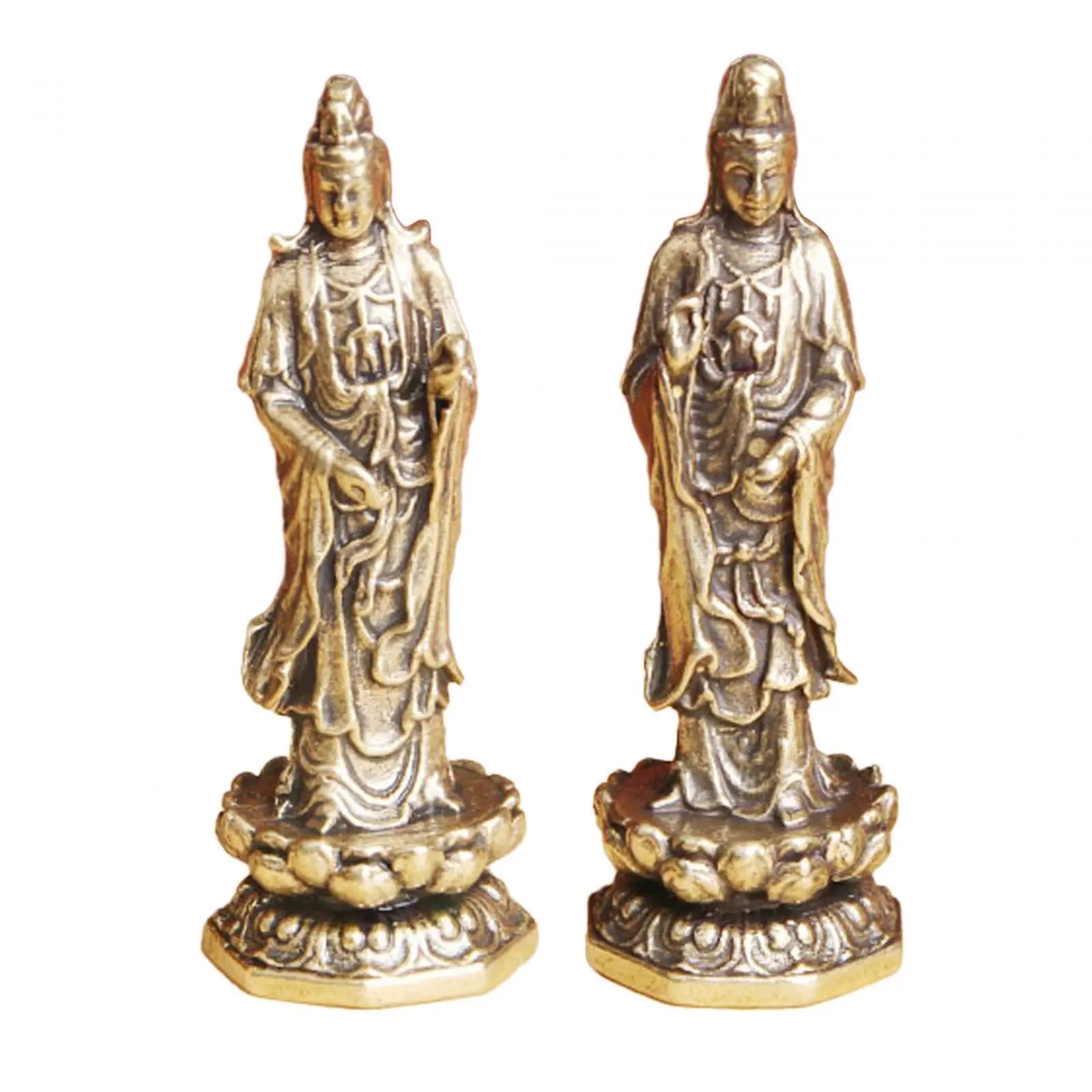 Mini Brass Guan Yin Lotus Statue | Feng Shui Figurine Decor Brass Figurine Statue Zpaxo