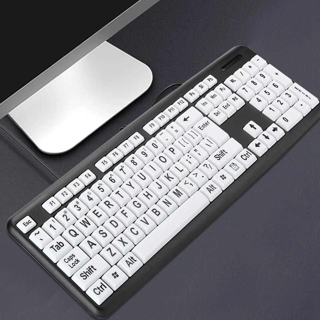 Black Low Vision Keyboard USB Wired Old People White Large Print Keys