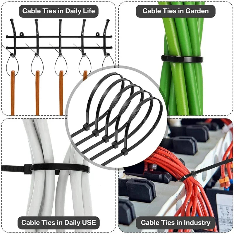 1000 Nylon Cable Ties Self-locking Cord Straps Adjustable Cables