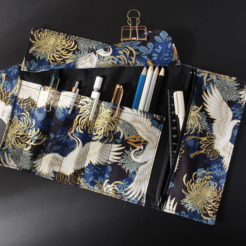 Japanese Retro Chinese Style Gold Foil Canvas Pen Case Student Minimalist Large Capacity Pencil Bag Zpaxo