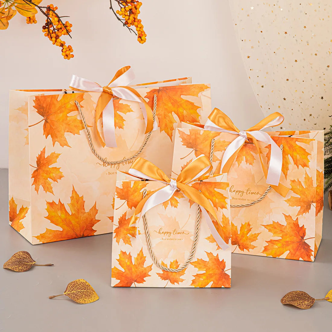 Maple Leaf Bag Ribbon Bow Paper Tote Handles Birthday Wedding Holiday