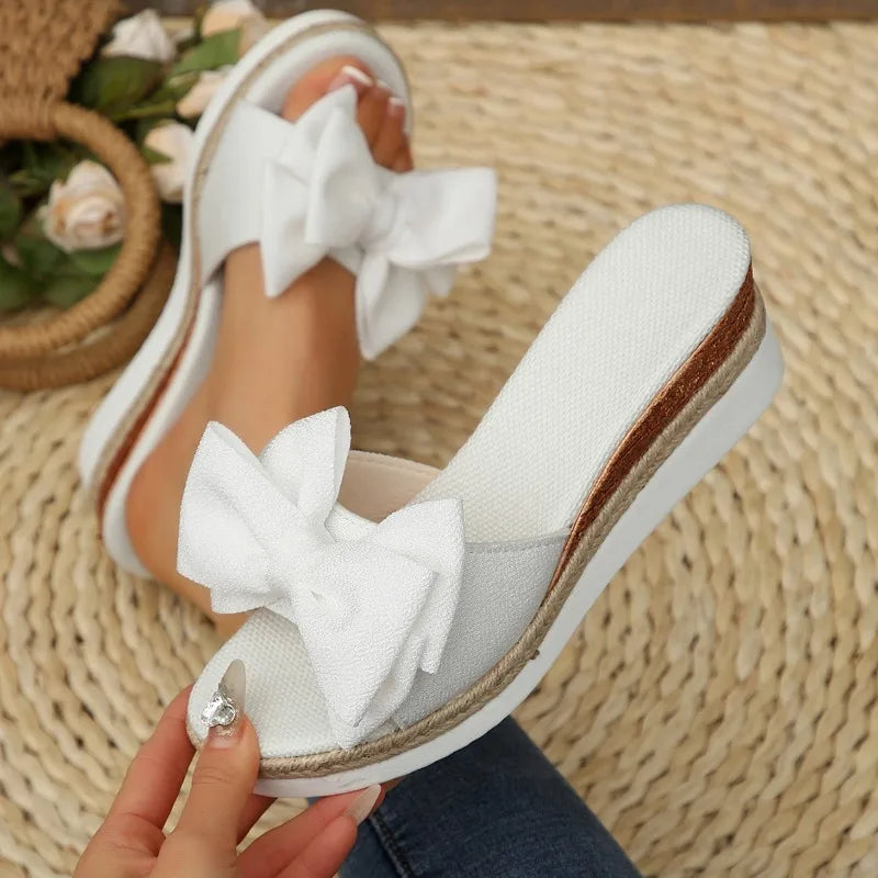 Women's Fish Mouth Open Toe Vintage Bow Embellishment Wedge Heel Zpaxo WHITE 36