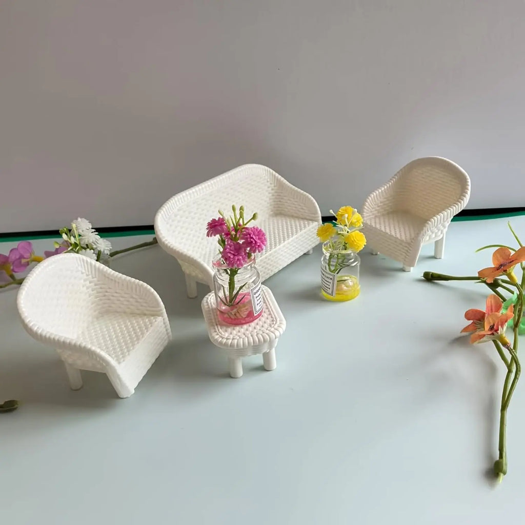 4-Piece Miniature Wicker Tea Table & Chair Set | Dollhouse Decor