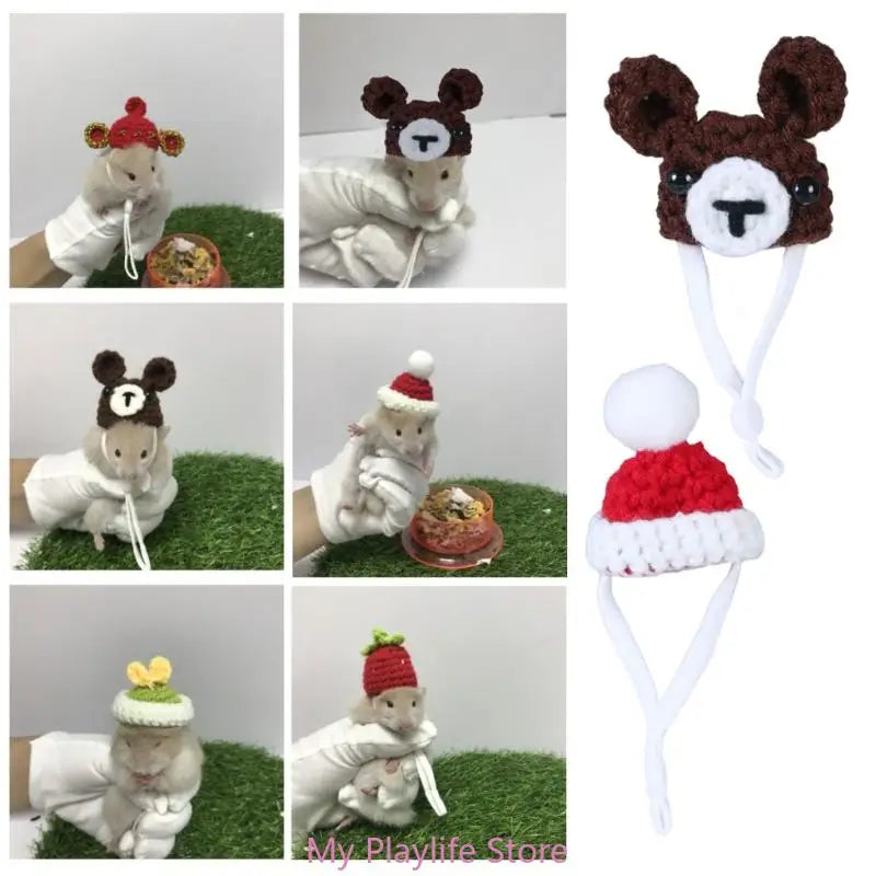 Handmade Crochet Small Pet Hat Adjustable Neckstrap Hamster Cartoon