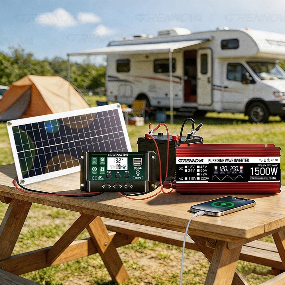 Grennova 1500W Solar System Kit High Quality Panel Pure Sine Power Inverter 60A MPPT Controller Off-Grid RV/Camper Home Backup Zpaxo