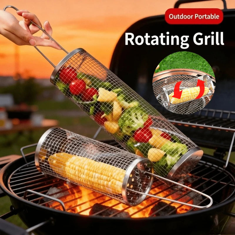 Bbq Accessories Stainless Steel Grill Basket Portable Barbecue Cage Rolling Grilling Basket Useful Outdoor BBQ Grill Basket Zpaxo