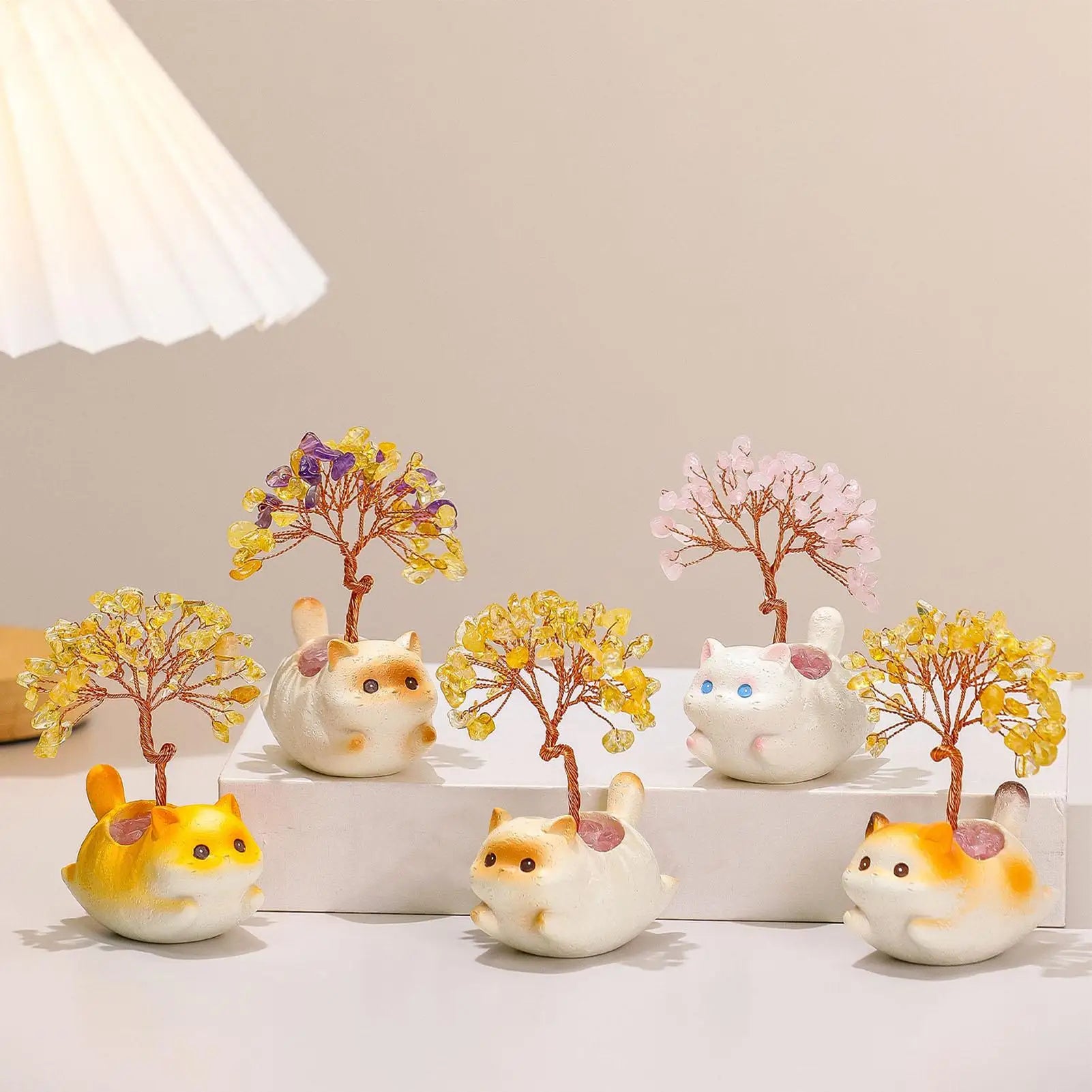 Citrine Crystal Money Tree Cute Kitten Statue Cat Decoration Desk Car