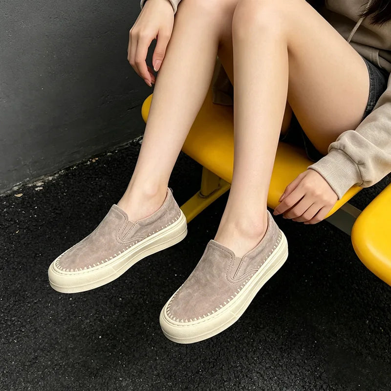 White Leather Slip Platform Loafers Women Hand Stitched Edge Round Zpaxo