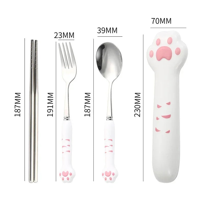 Stainless Steel Cute Cat Paw Fork Spoon Cutlery Set With Storage Box Dinnerware Tableware Silverware Lunch Portable Tableware Zpaxo