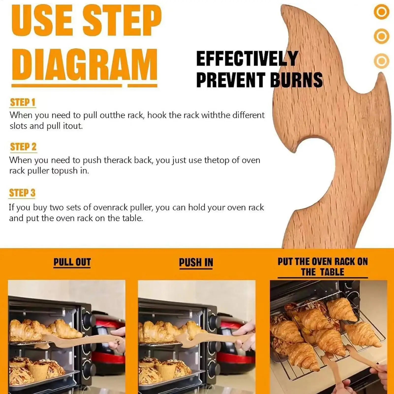 Oven Rack Puller Tool Wooden Long Handle Heat Safe Kitchen Gadget