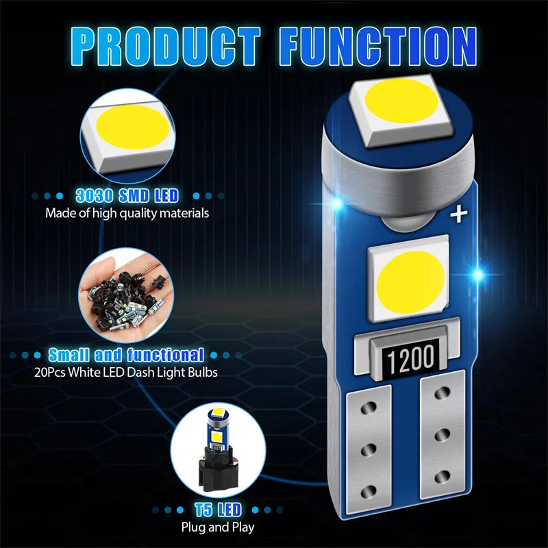 20-Pack T5 Canbus LED Bulbs – 12V Dashboard & Interior Lights